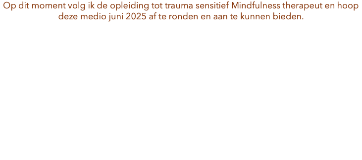 Op dit moment volg ik de opleiding tot trauma sensitief Mindfulness therapeut en hoop deze medio juni 2025 af te ronden en aan te kunnen bieden. 